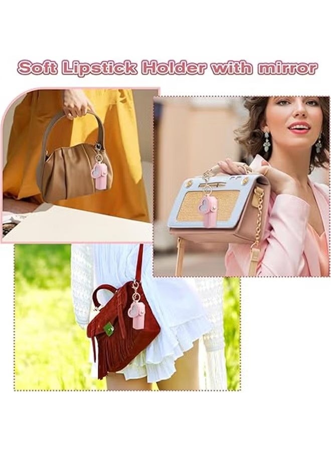 مجموعة من 4 قطع من حامل مرطب الشفاه الجلدي المحمول مع سلسلة مفاتيح ومرآة، سلسلة مفاتيح لأحمر الشفاه، منظم مرطب الشفاه، حقيبة تخزين مكياج السفر للنساء والفتيات - Image 4